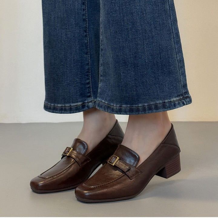 Women's Premium Leather Loafers - Square Toe Vintage Buckle Strap Chunky Heel Pumps
