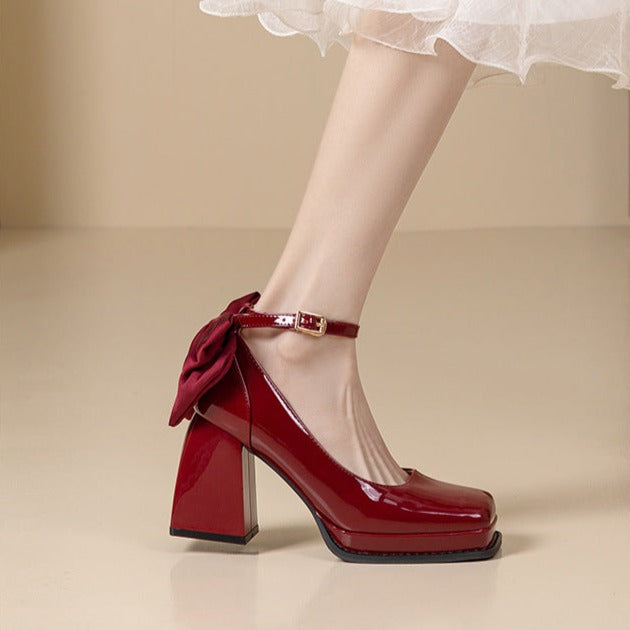 Wedding Shoes Square Toe Bow Accent Mary Jane Pumps