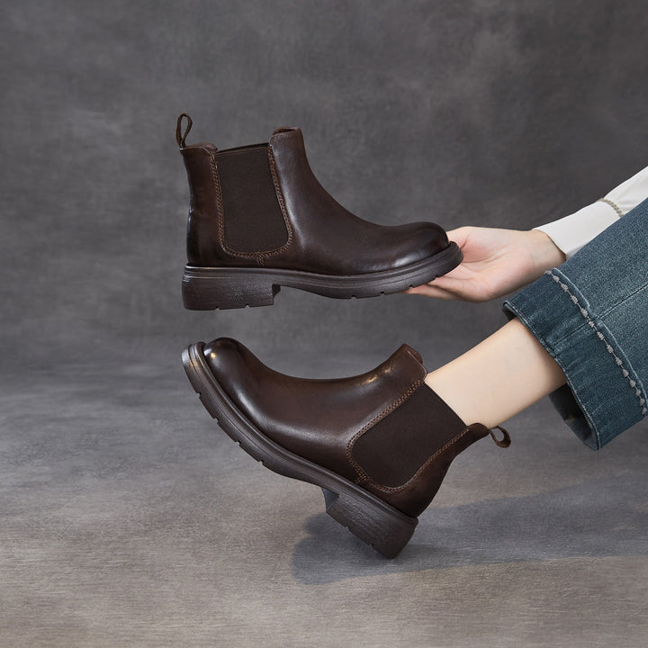 Women's Genuine Leather Chelsea Ankle Boots Vintage Slip-on Low Heel Winter Shoes