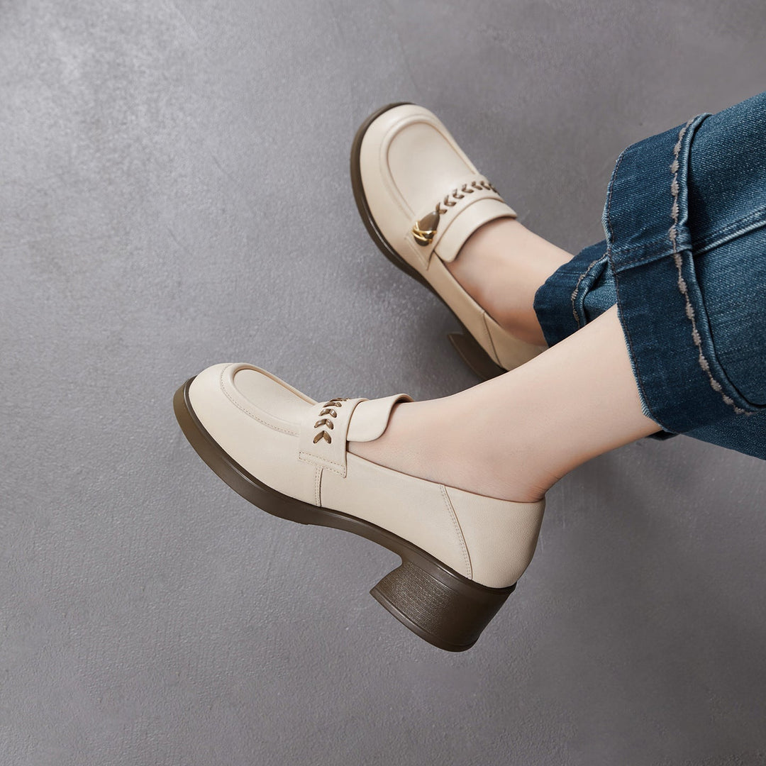 Women's Retro Sheepskin Loafers Vintage Round Toe Woven Strap Chunky Heels