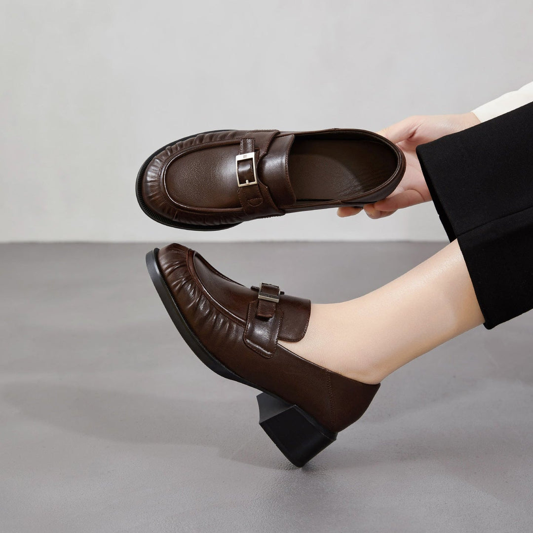 Women's Sheepskin Loafers - Ruched Leather Buckle Block Heel
