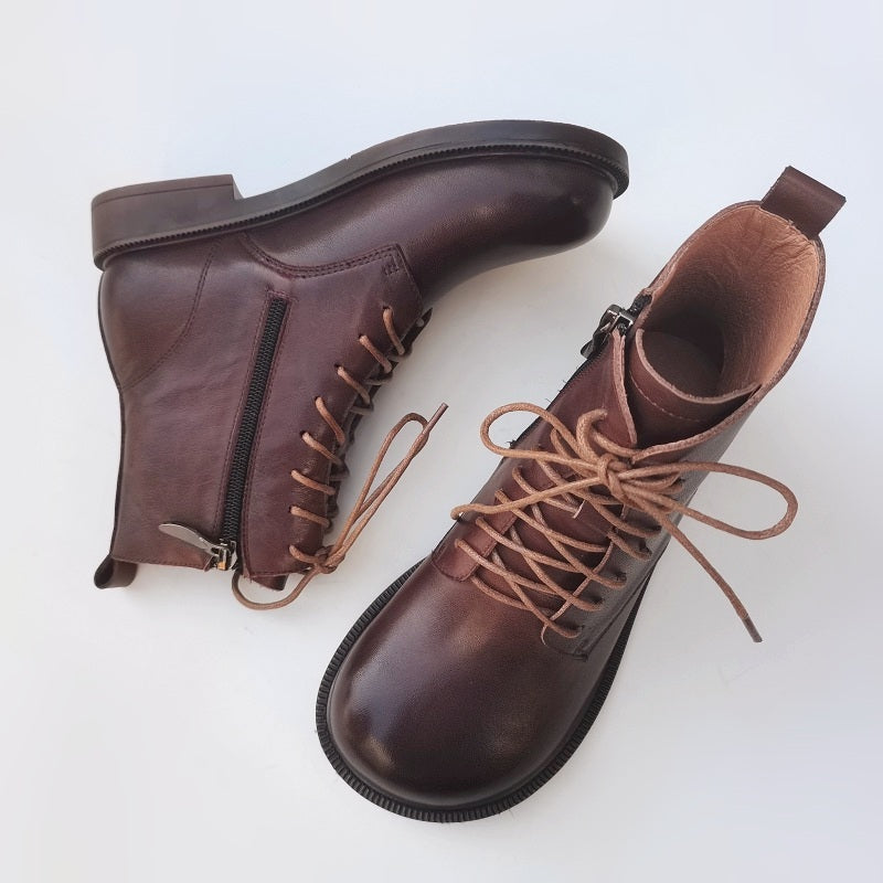Women's Vintage Wide Toe Genuine Leather Ankle Boots – Handmade, Soft Sole, British Style