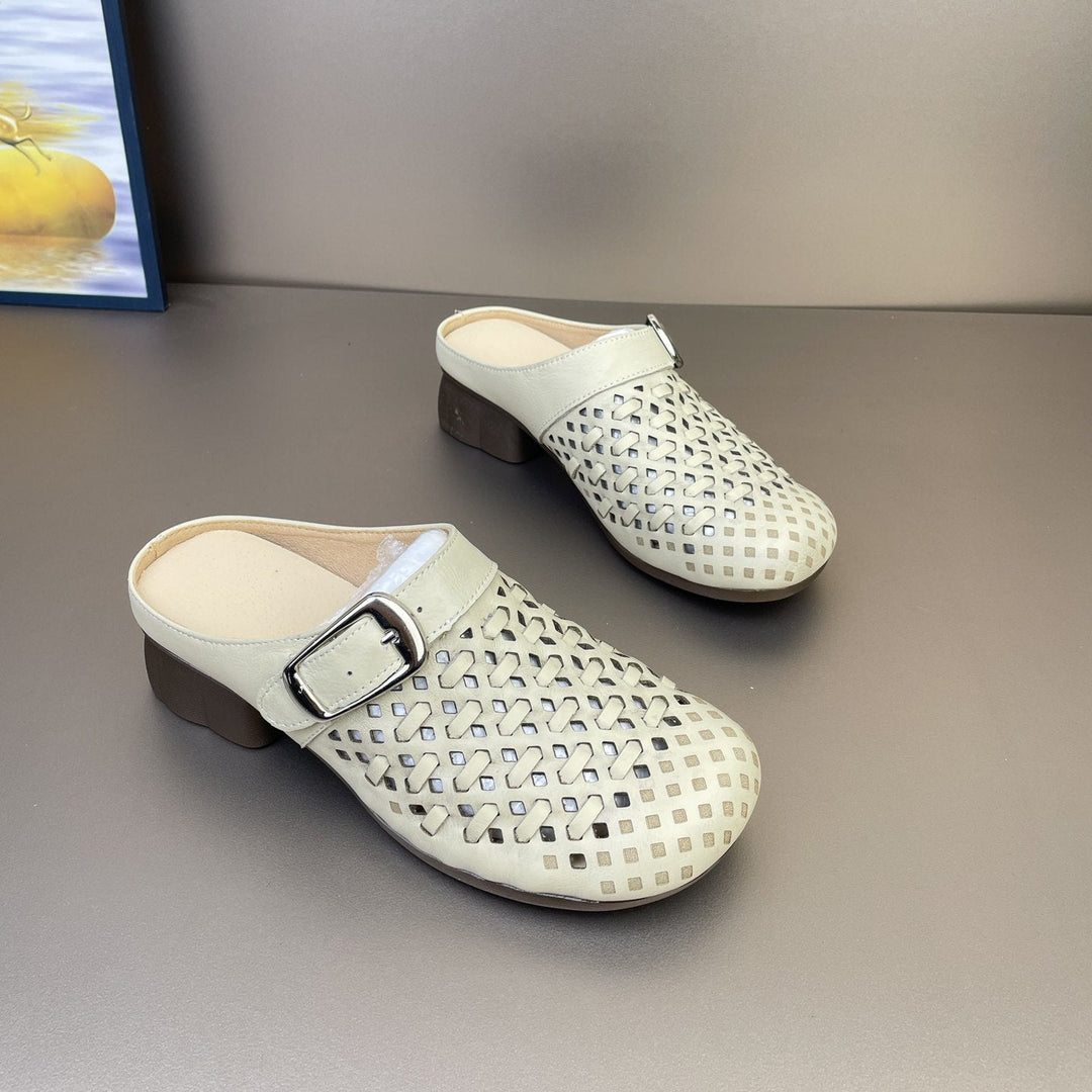 Women's Leather Woven Mules - Hollow Out Perforated Closed Toe Sandals Low Block Chunky Heel Slides with Buckle