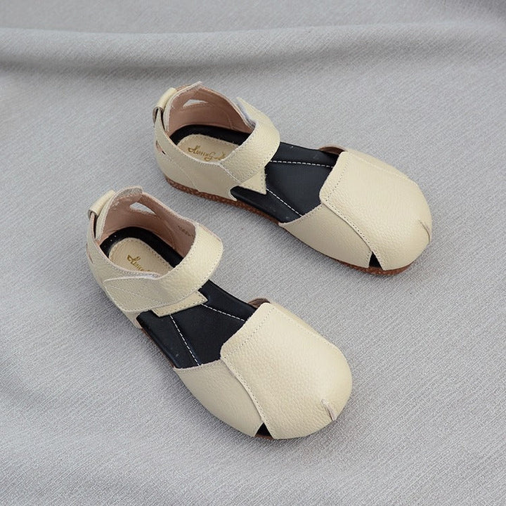 Women's Soft Leather Closed-Toe Velcro Sandals – Comfortable Flat Style