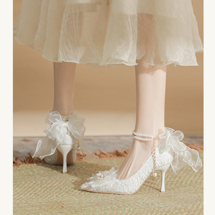 Lace Bow White High Heels Pearl Chain Wedding Party Women's Shoes