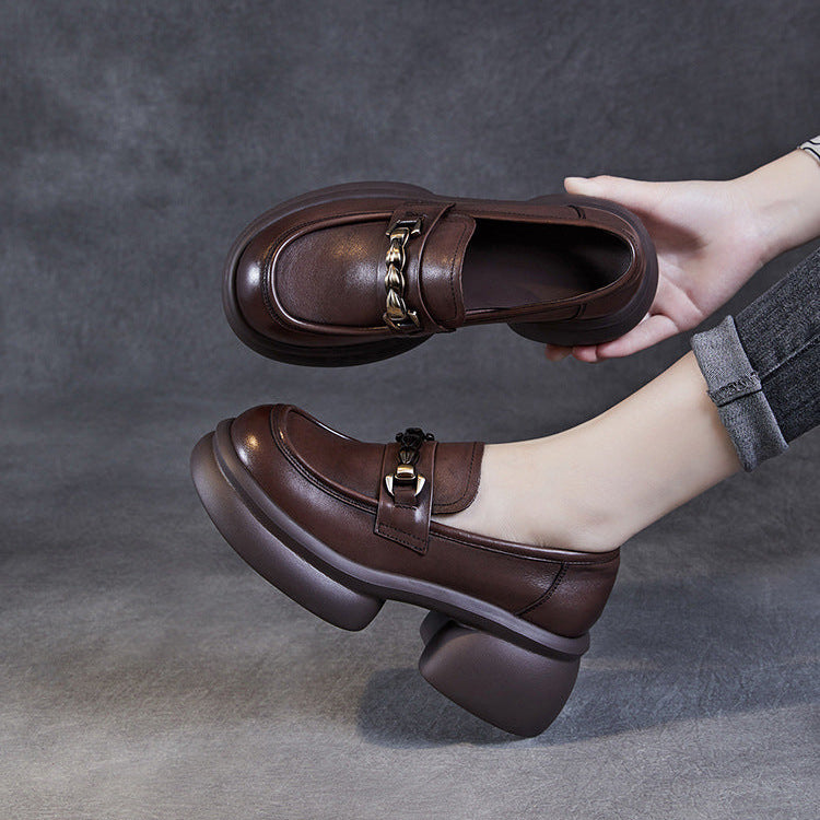 Women’s Leather Platform Block Heel Loafers – British Vintage Chain Detail