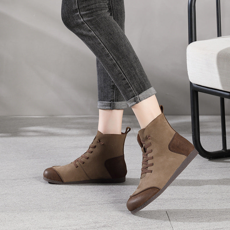 Women's Leather Contrast Panel Ankle Boots - Round-Toe Lace-Up Design