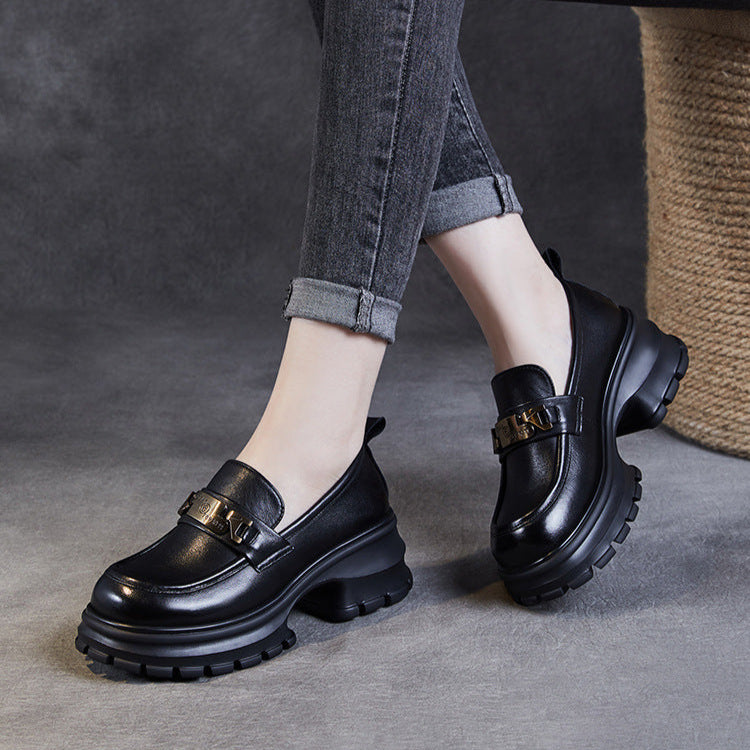 Women's Genuine Leather Platform Loafers - Chunky Heel with Metallic Hardware Details