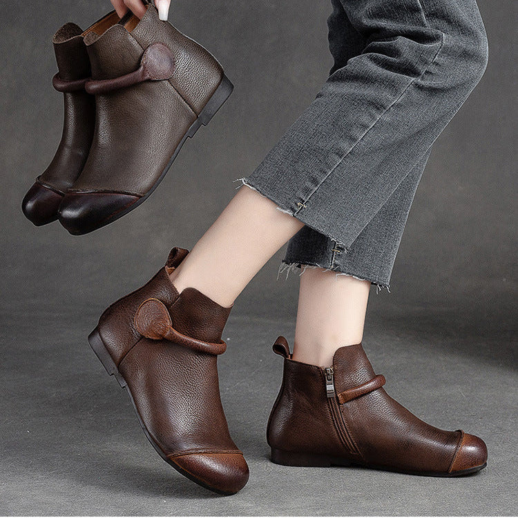 Women's Retro Leather Ankle Boots Vintage Round Toe Velcro Short Booties
