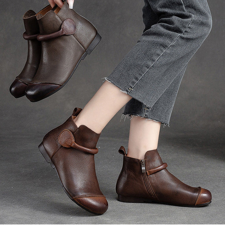 Women's Retro Leather Ankle Boots Vintage Round Toe Velcro Short Booties