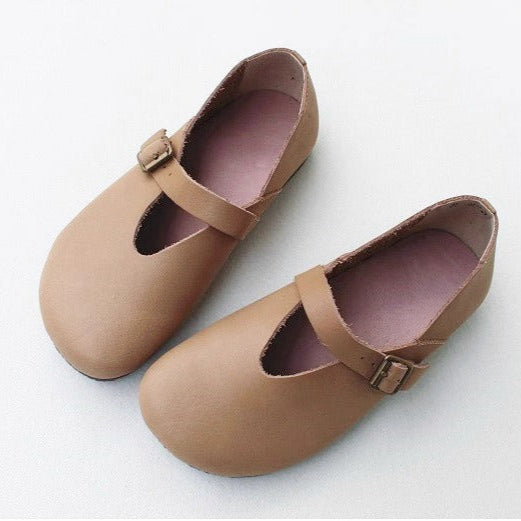 Women's Handmade Breathable Leather Flats – V-cut Mary Jane Shoes