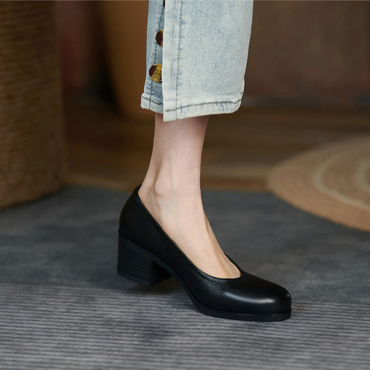 Women's Black Leather Pumps - Low Heel for Office & Business