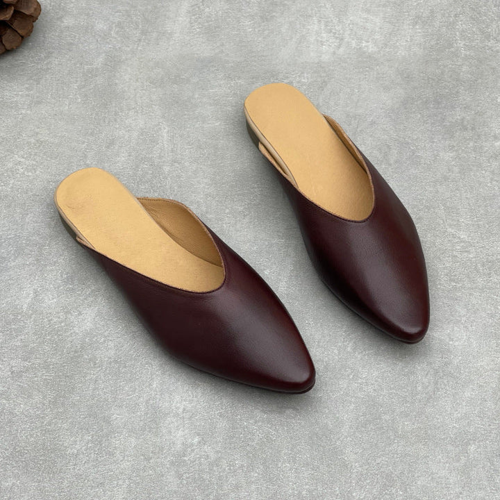 Women's Pointed Toe Leather V-Cut Mules - Unlined Minimalist Flat Slides