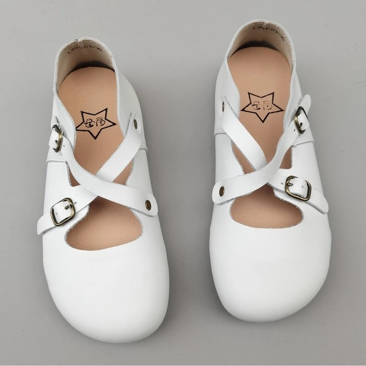 Women's Vintage Handmade Leather Shoes – Cross Strap, Buckle & Soft Sole