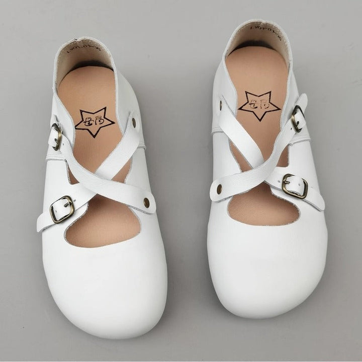 Women's Vintage Handmade Leather Shoes – Cross Strap, Buckle & Soft Sole