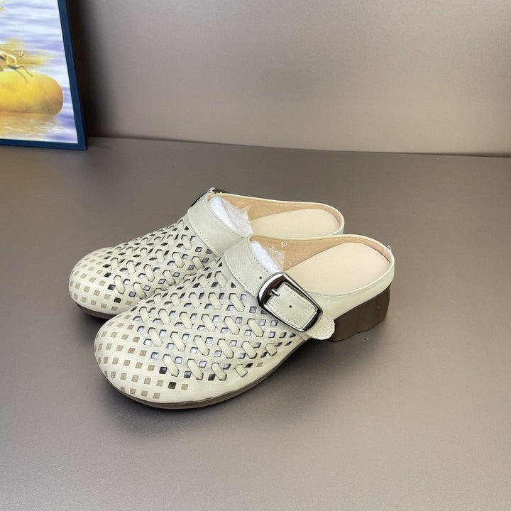Women's Leather Woven Mules - Hollow Out Perforated Closed Toe Sandals Low Block Chunky Heel Slides with Buckle