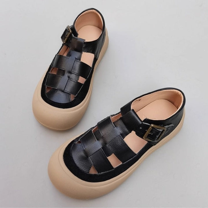 Women's Genuine Leather Closed-Toe Woven Sandals – Soft Sole & Casual Style