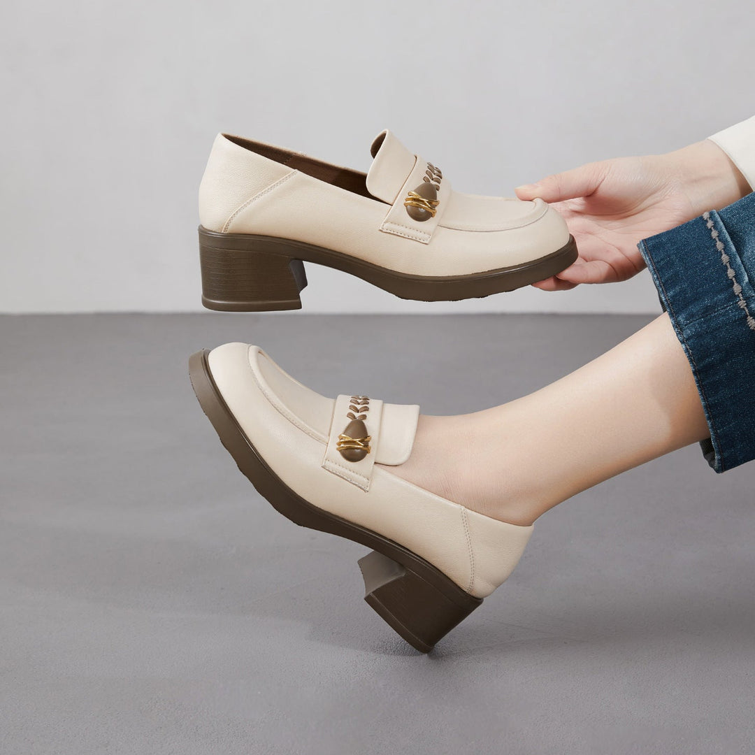 Women's Retro Sheepskin Loafers Vintage Round Toe Woven Strap Chunky Heels