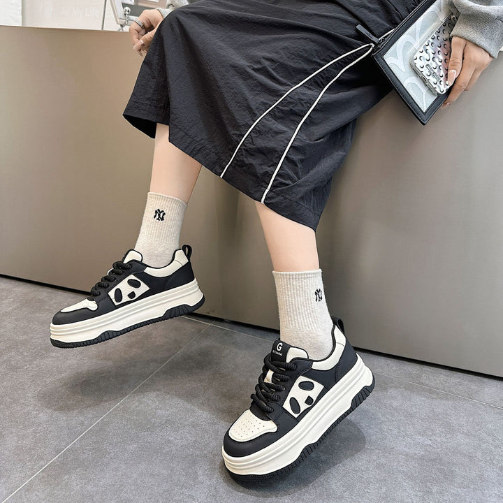 Womens Leather Cute Platform Panda Lace Up Sneakers