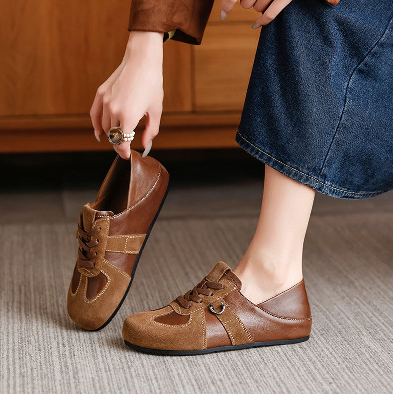 Women's Sheepskin Suede Patchwork Hidden Wedge Sneakers Lace Up Retro Casual Shoes