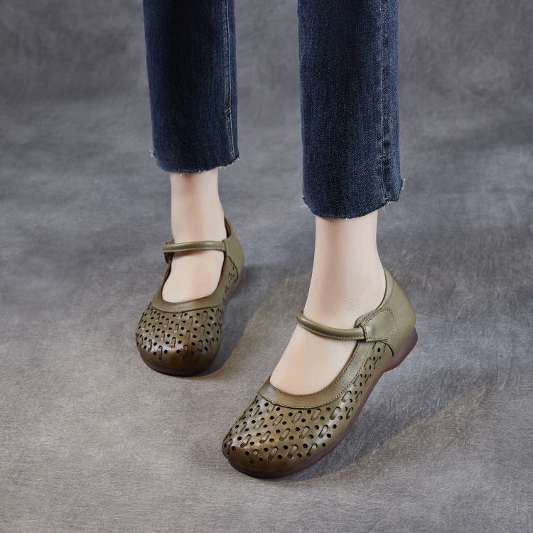 Women's Leather Mary Jane Sandals - Vintage Perforated Cut-Out Closed Round Toe Flat Shoes with Velcro