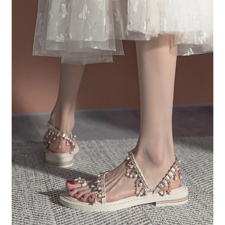 Women's Pearl Rhinestone Embellished Bohemian Flat Sandals
