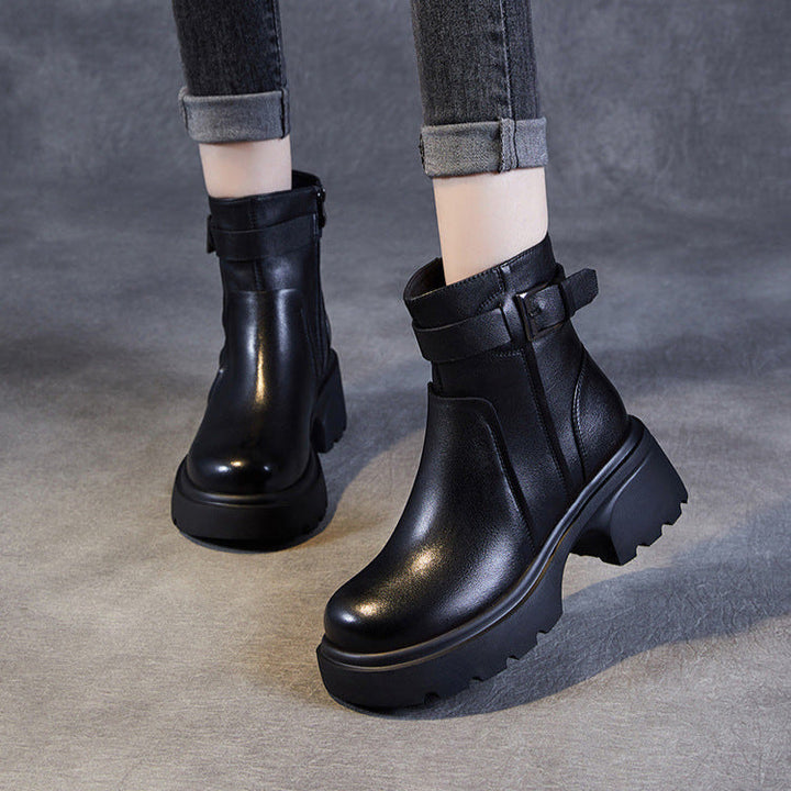 Women's Stylish Genuine Leather Platform Boots – Chunky Heel, Buckle & Side Zip