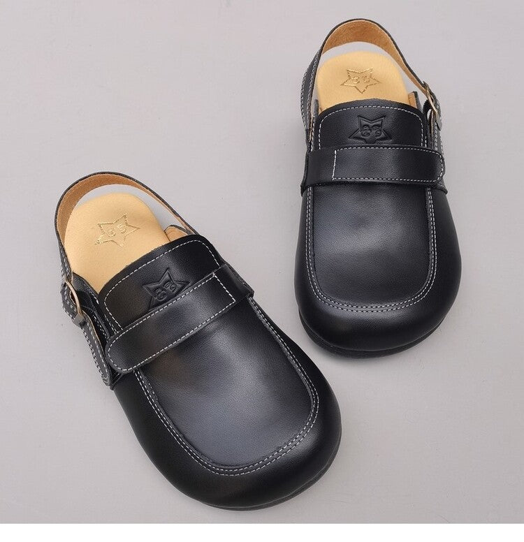 Women's Leather Sandals - Vintage Contrast Stitching Flexible Slip-On Mule Slides with Slingback Strap