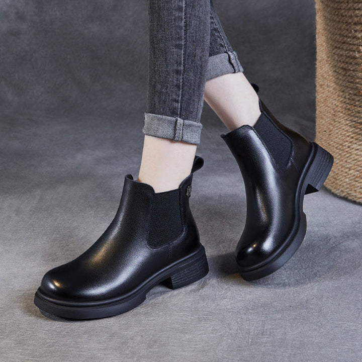 Women's Leather Short Boots – Chelsea Style Chunky Heel Comfort Shoes