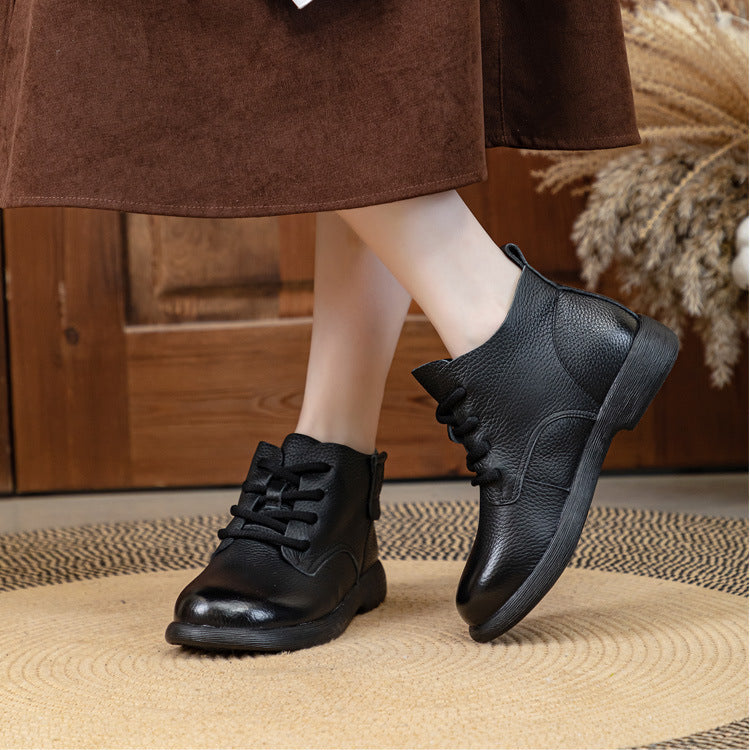 Women's Leather Ankle Boots - Vintage Round Toe Lace-Up Side Zipper Oxford Booties Comfort Walking Shoes