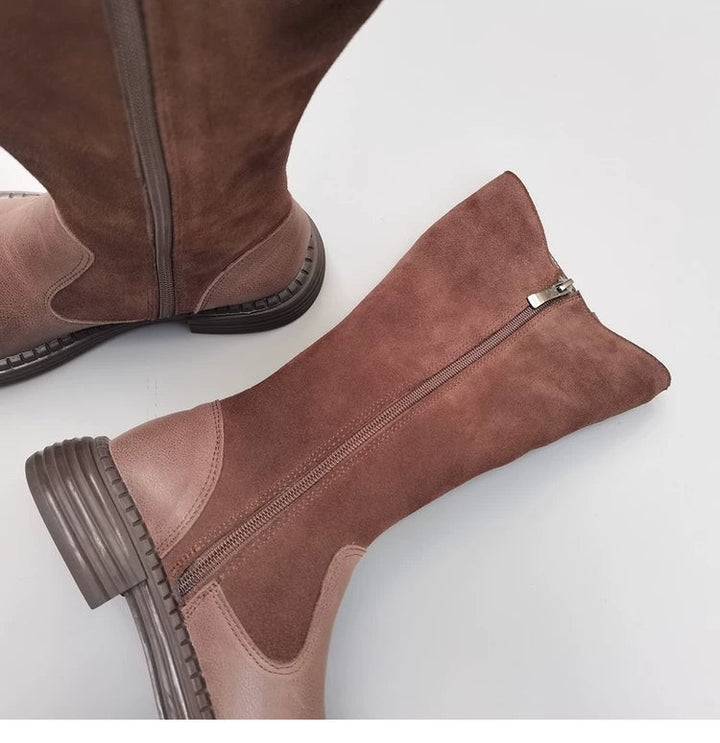 Women's Wide Toe Box Vintage Leather Suede Patchwork Knee-High Boots Wide Fit Flat Riding Boots