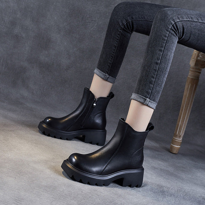 Women's Leather Ankle Boots – Platform Chunky Mid Heel with Side Zipper