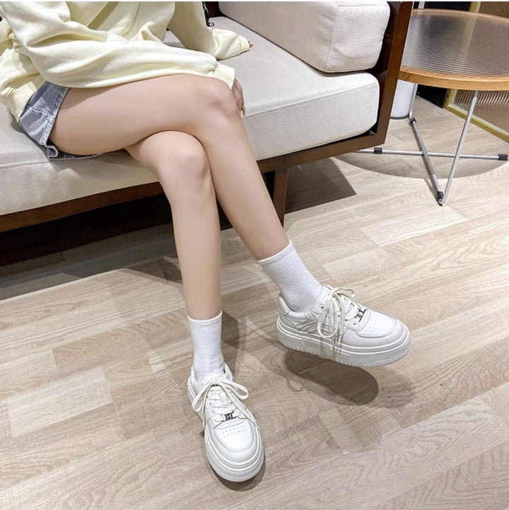 Women's Leather Thick Sole White Lace Up Casual Tennis Shoes