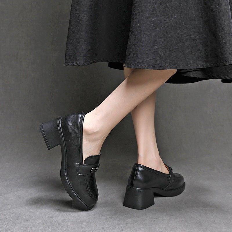Women's Genuine Leather Heeled Loafers Chunky Block Heel Slip On Pumps