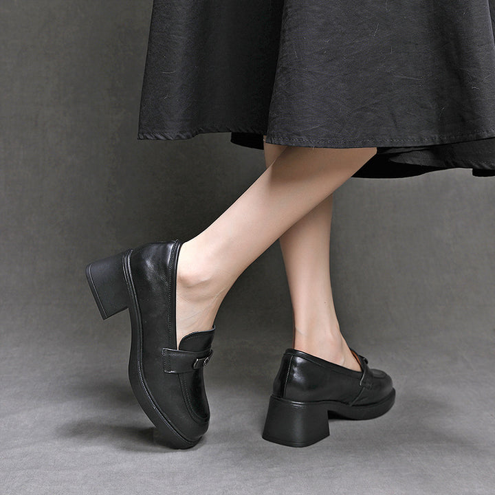 Women's Genuine Leather Heeled Loafers Chunky Block Heel Slip On Pumps