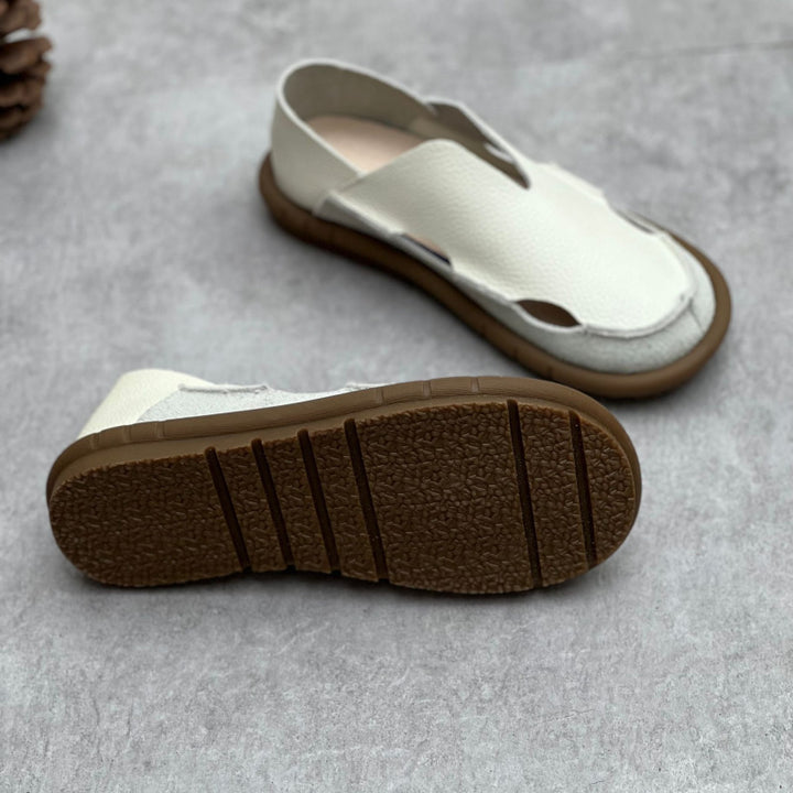 Women's Soft Pebble Grain Leather Loafers - Cut-Out Closed Round Toe Slip-On Flat Sandals Comfort Walking Shoes