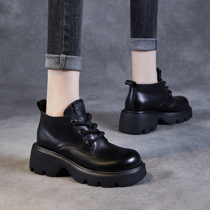 Women's Retro Genuine Leather Platform Lace-Up Chunky Boots