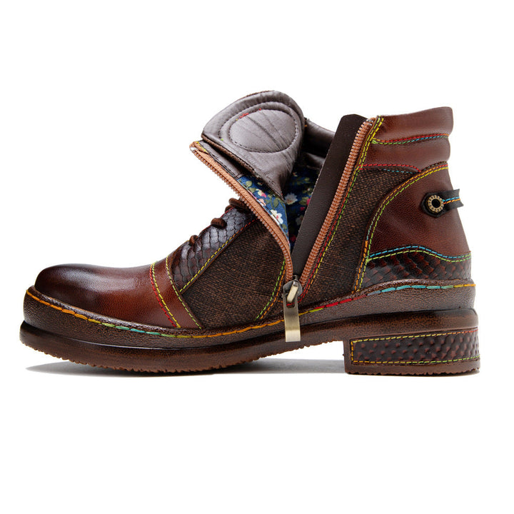 Women's Leather Ankle Boots - Contrast Stitching Flat Lace-up Zipper Boots