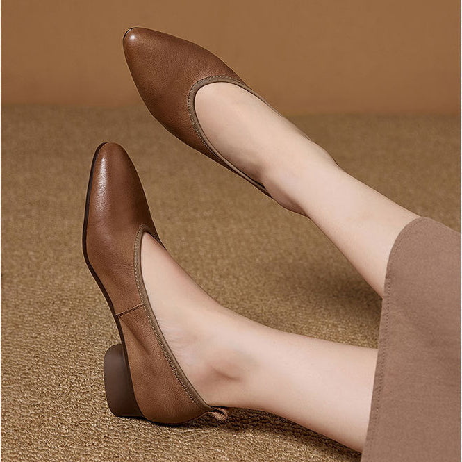 Women's Retro Leather Pumps Vintage Pointed Toe Slip-on Chunky Low Heels