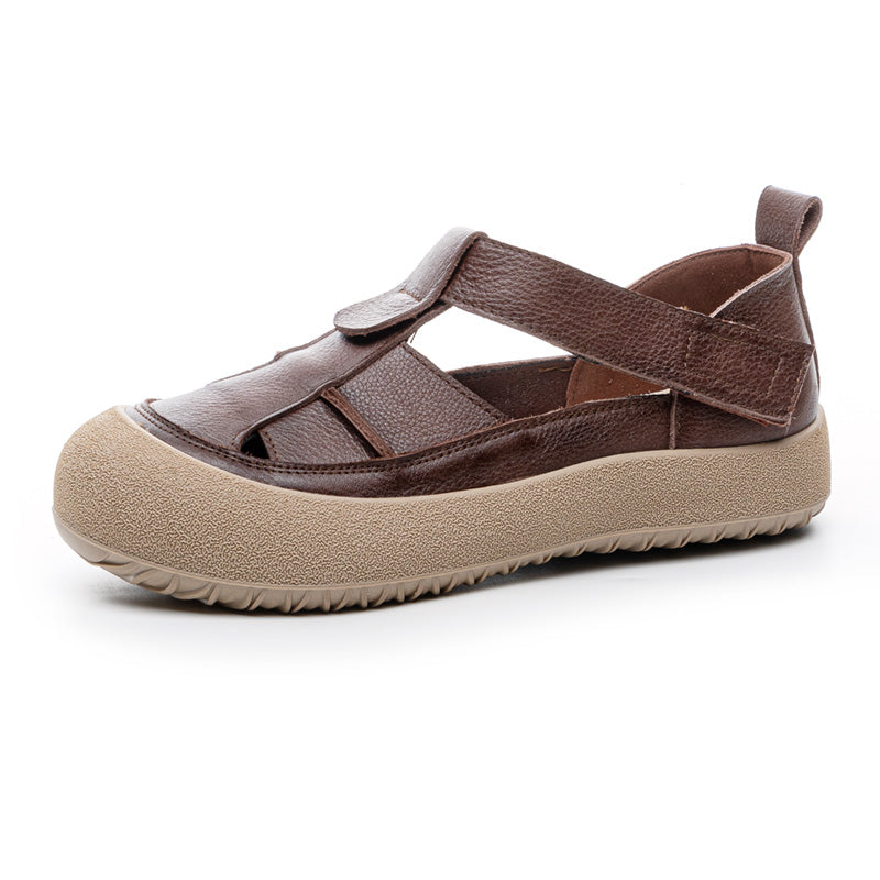 Womens Retro Woven Leather Fisherman Sandals Velcro Closed Toe Platform Walking Shoes