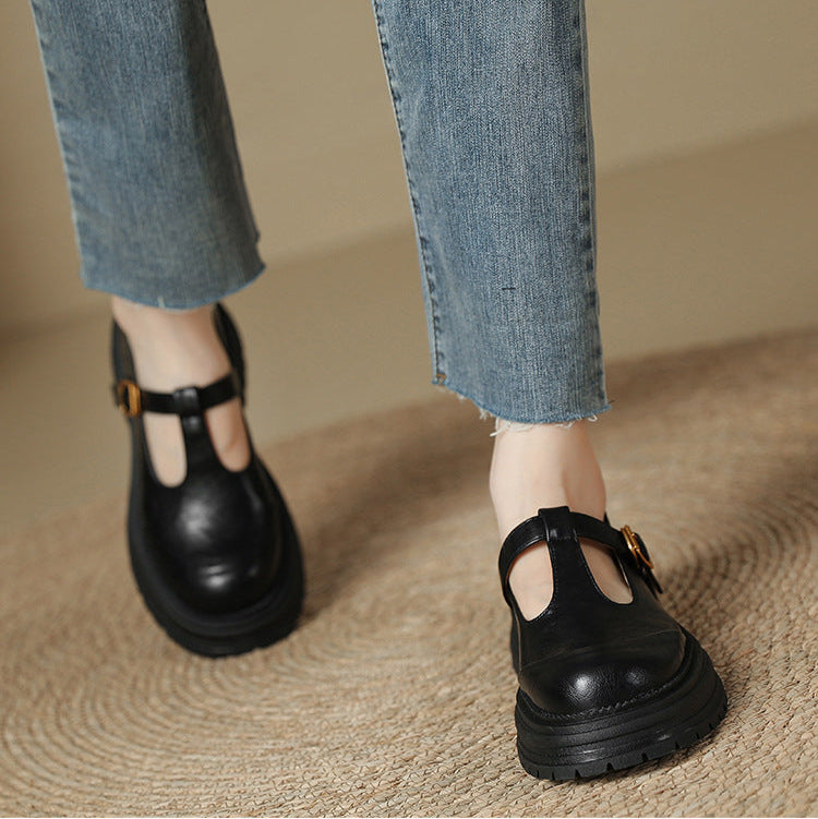 T-Buckle Platform Leather Comfortable Low Heel Women's Shoes