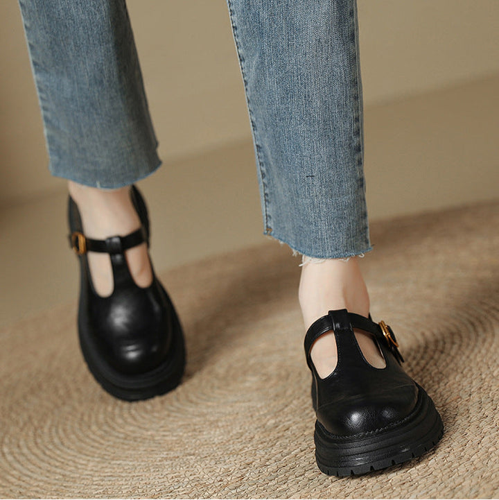 T-Buckle Platform Leather Comfortable Low Heel Women's Shoes