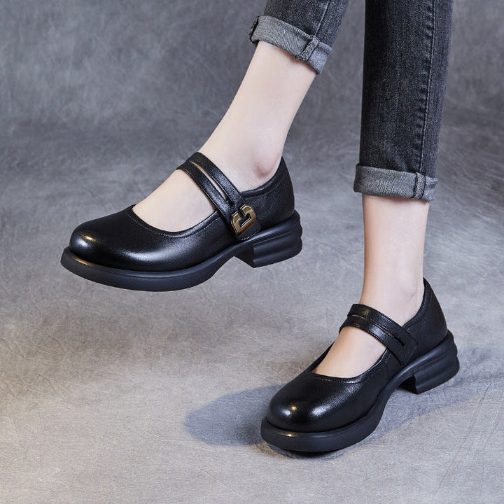 Women's Soft Leather Mary Janes – Round Toe Low Heel with Adjustable Velcro
