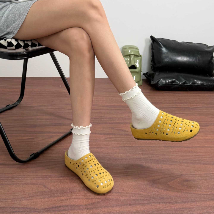 Women's Platform Leather Clogs Perforated Hollow-Out Mules Barefoot-Friendly Slippers