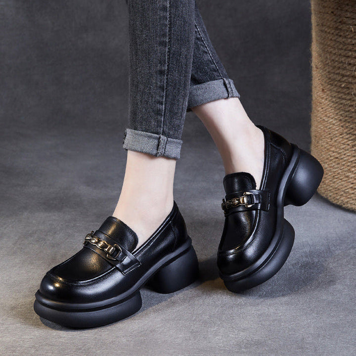 Women’s Leather Platform Block Heel Loafers – British Vintage Chain Detail