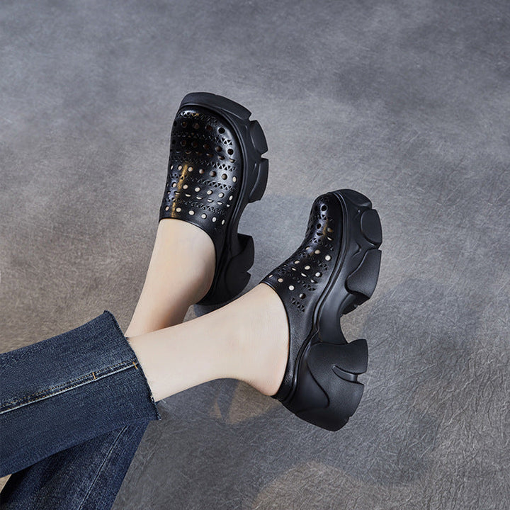 Women's Leather Platform Mules - Hollow Out Perforated Closed Round Toe Chunky Sandals Summer Slides