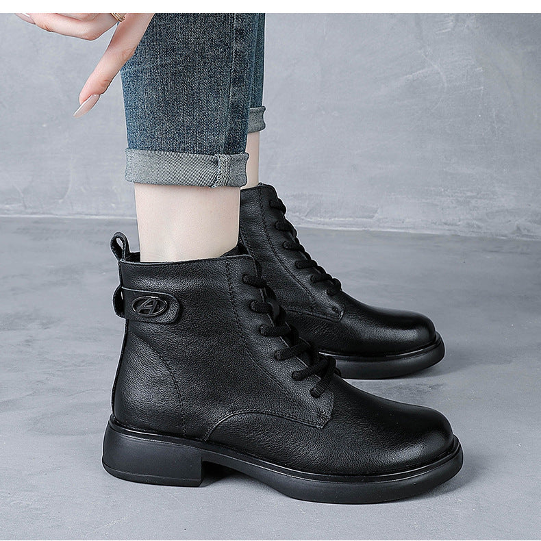 Women’s British Style Leather Lace-Up Ankle Boots – Retro Block Heel Boots