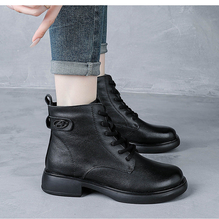 Women’s British Style Leather Lace-Up Ankle Boots – Retro Block Heel Boots
