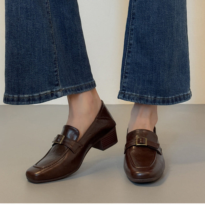 Women's Premium Leather Loafers - Square Toe Vintage Buckle Strap Chunky Heel Pumps