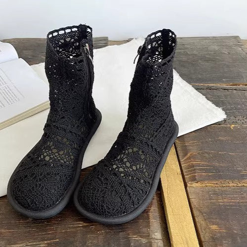 Women's Summer Literary Style Lace Side Zipper Wide Toe Box Short Boots